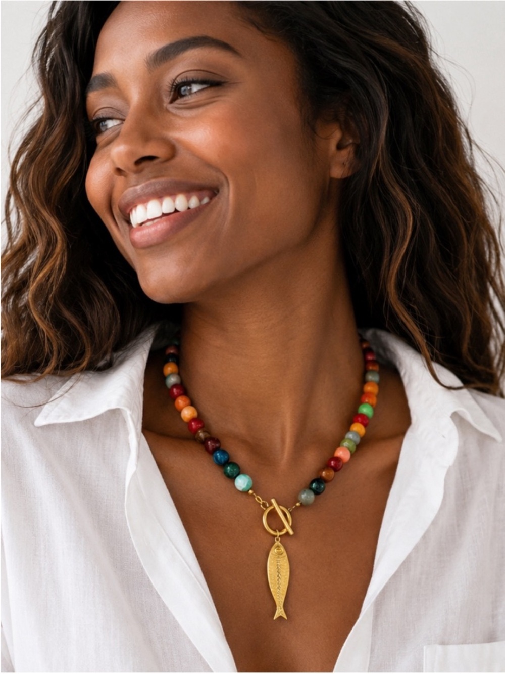 New! Colorful Beaded Gold Fish Sardine Dopamine Necklace 3026